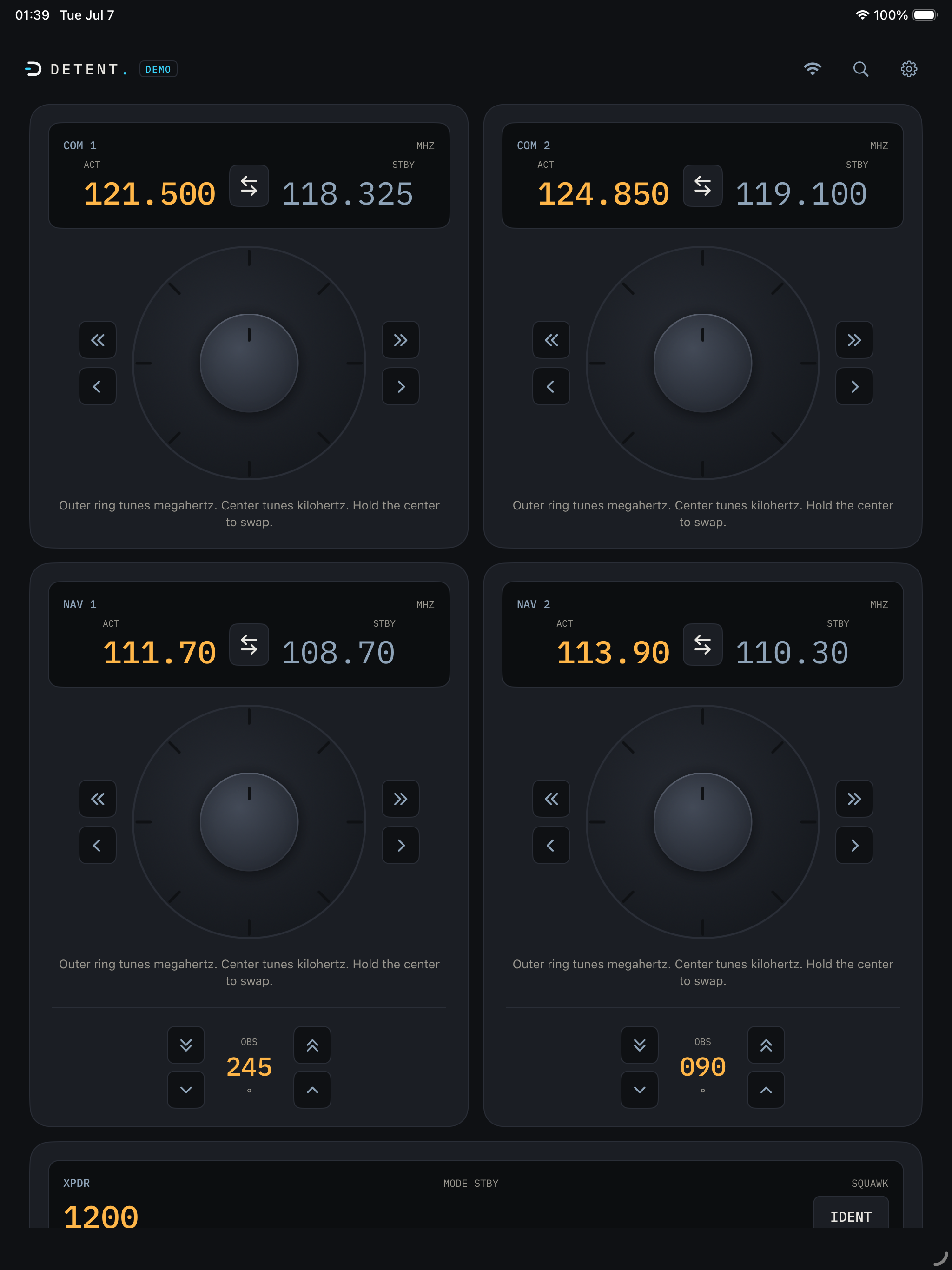 DETENT radio panel on iPad showing COM, NAV, transponder and OBS controls
