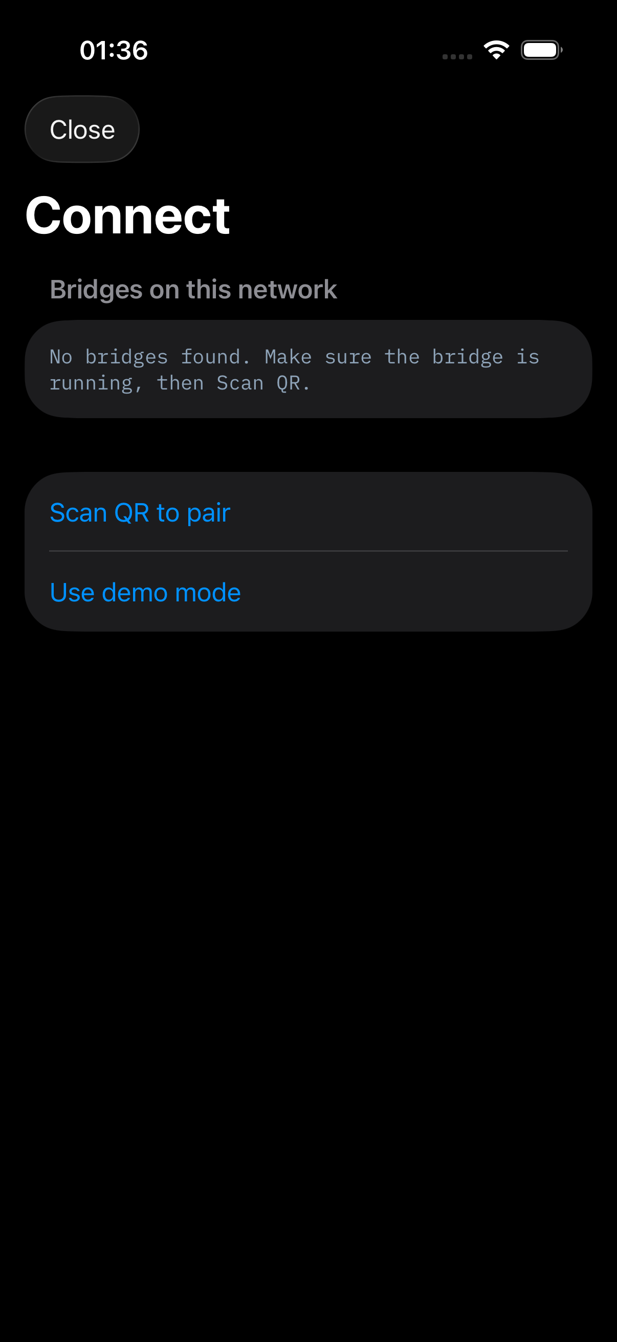 DETENT connect screen with a scan-QR pairing option and a demo mode fallback